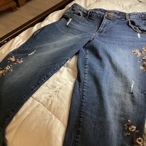 Democracy jeans with embroidered tan/brown flowers